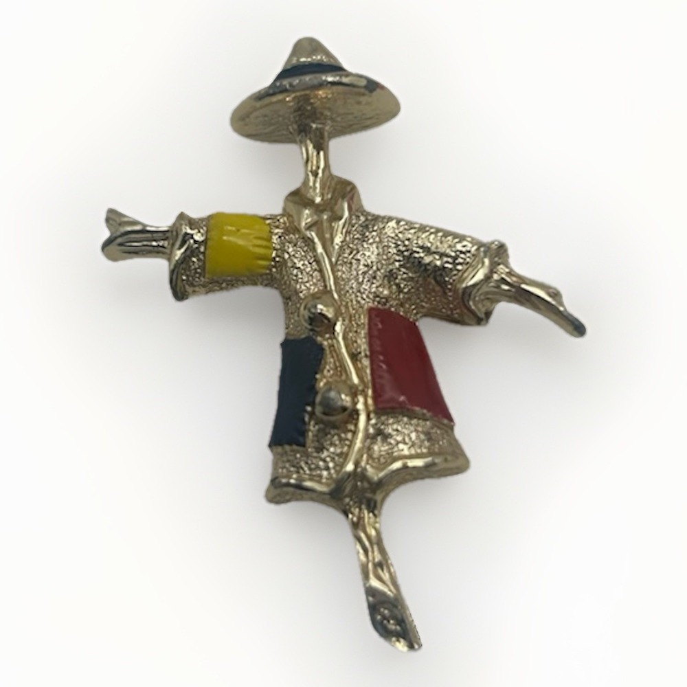VTG Sarah Coventry Goldtone Multicolor Enamel Scarecrow Patches Brooch Pin MCM